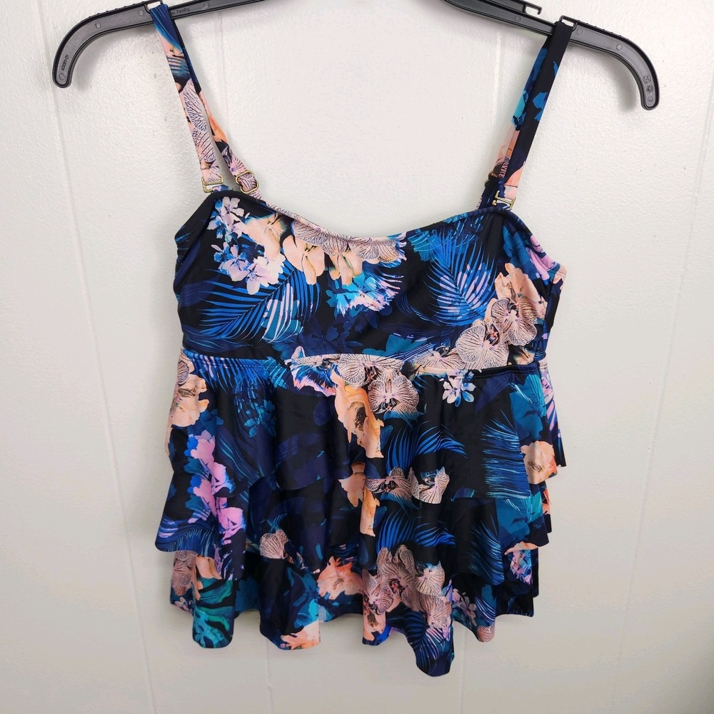 Island Escape Tiered Tankini Top Swim Floral Black Size 6 MSRP $35 NEW